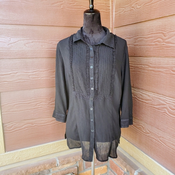 Emma James Sheer Ruffle Front Elegant Black Women's Button-Up Top Size 16W EUC - Picture 13 of 16